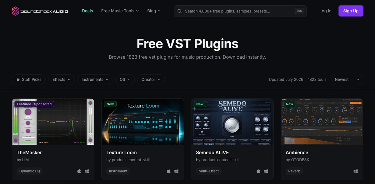 A category page (Free VST Plugins) with the sponsored product pinned first, badge visible.