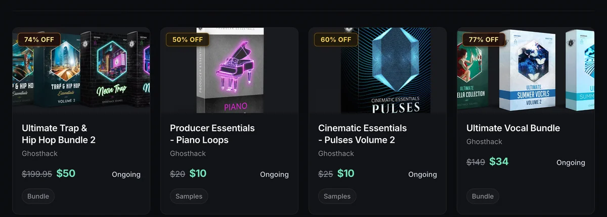 The SoundShockAudio Deals page, showing a grid of discounted product cards with percent-off badges and pricing.