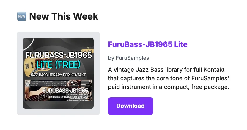 The "New This Week" section in the SSA Weekly newsletter, showing the FuruBass-JB1965 Lite card with title, description, and a Download button.