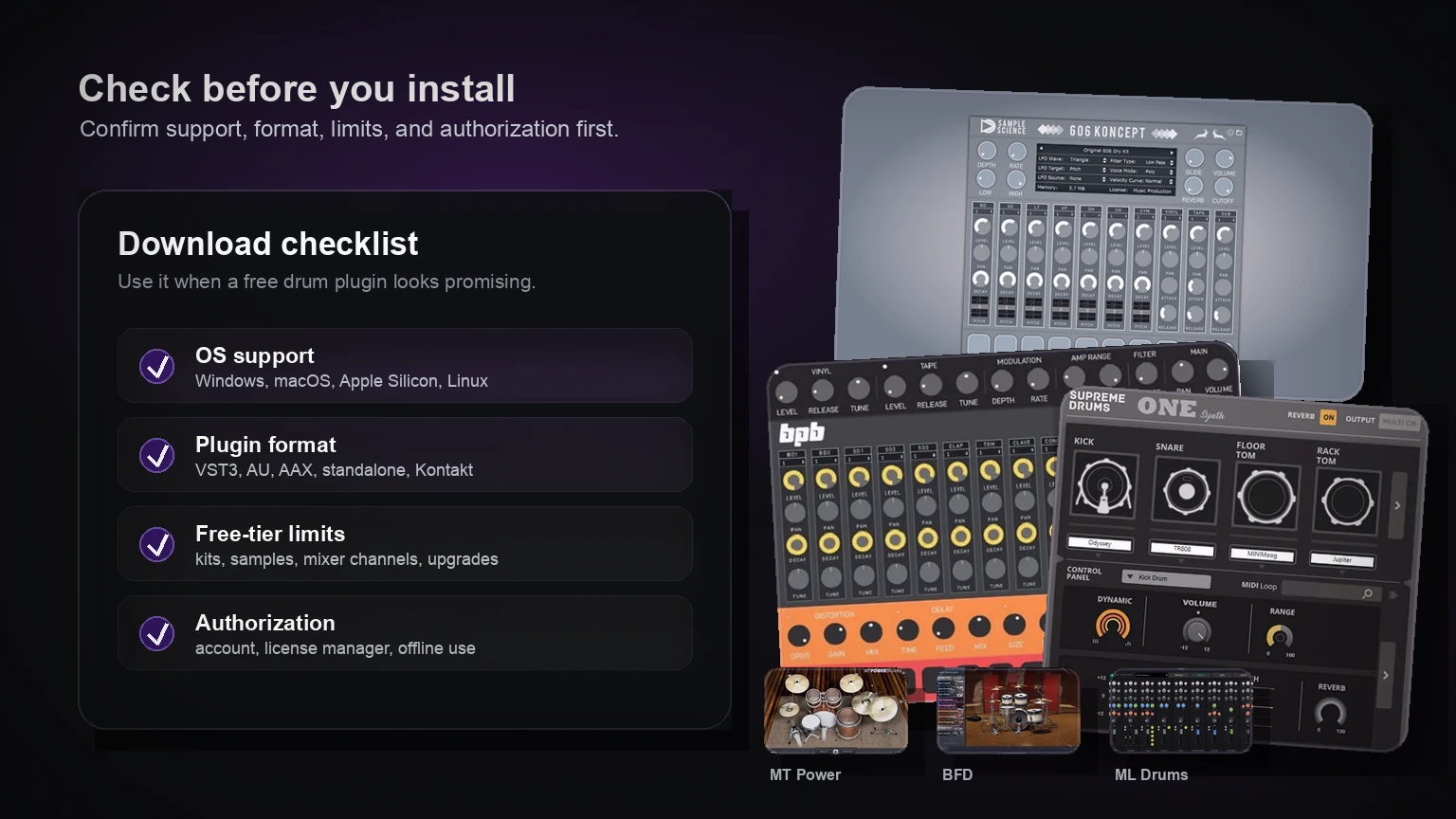 Editorial checklist graphic for free drum plugin compatibility, format, free-tier, and authorization checks