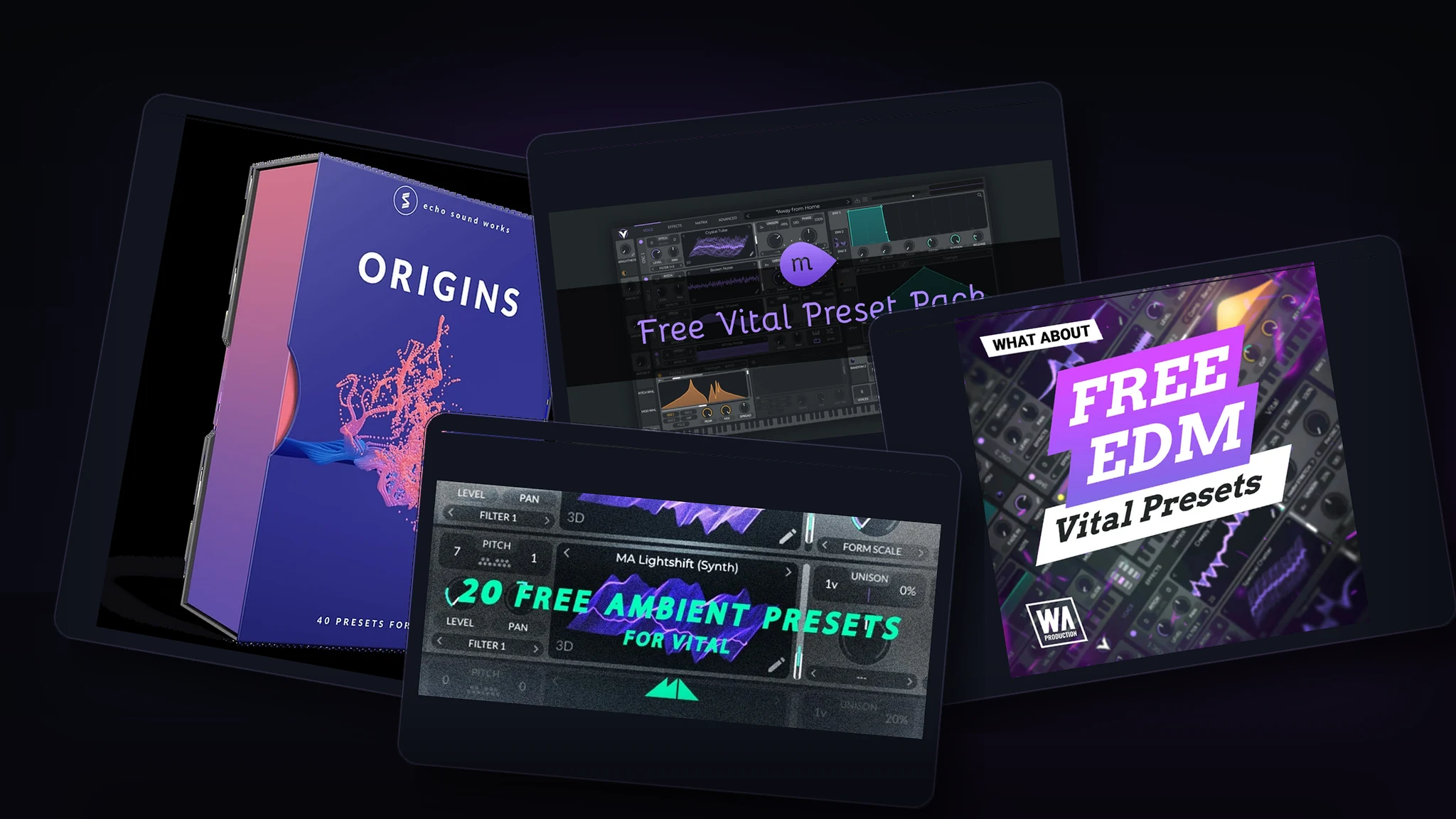 Collage of free Vital preset pack artwork from Echo Sound Works, muted.io, W.A. Production, and ModeAudio