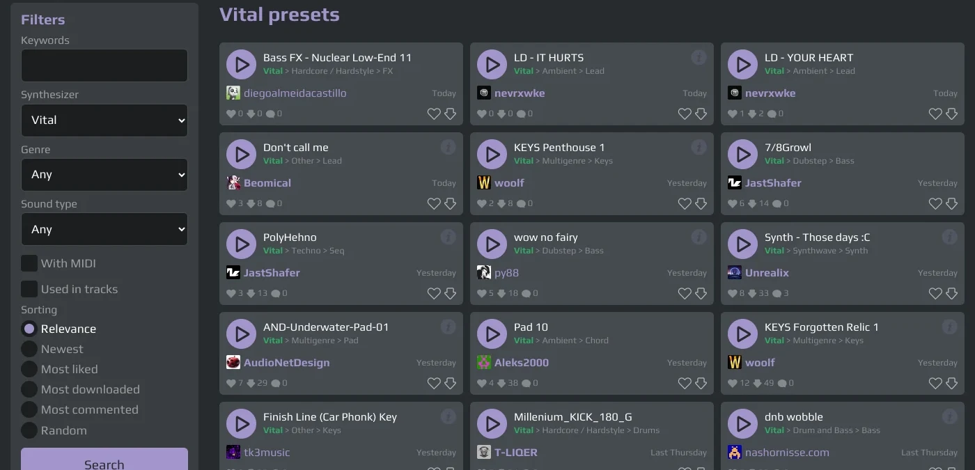 PresetShare Vital presets library filtered to Vital presets