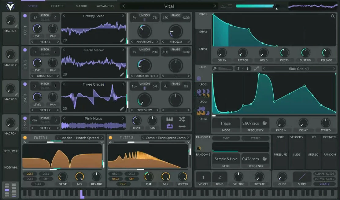 Vital synth interface with oscillators, filters, envelopes, and modulation controls