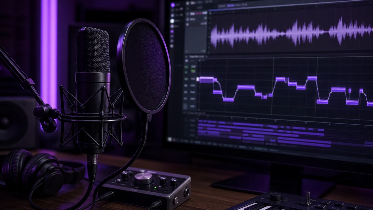 Vocal microphone in a dark studio beside a pitch correction display