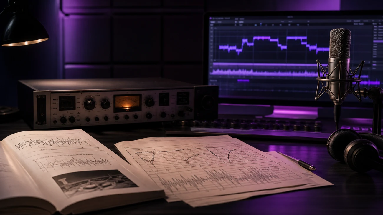 Dark studio desk with vintage audio equipment and modern pitch correction display