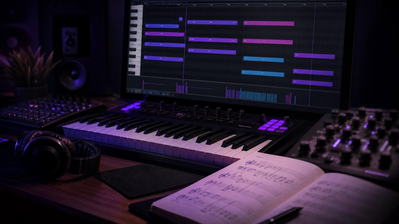 Electronic music studio with MIDI keyboard and DAW piano roll chord progression