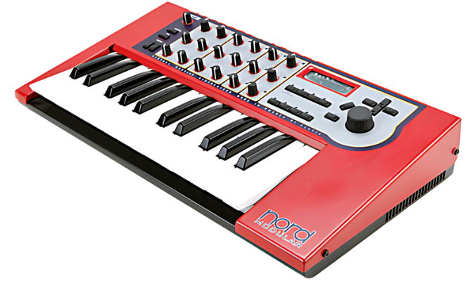 A red Clavia Nord synthesizer on a white background.