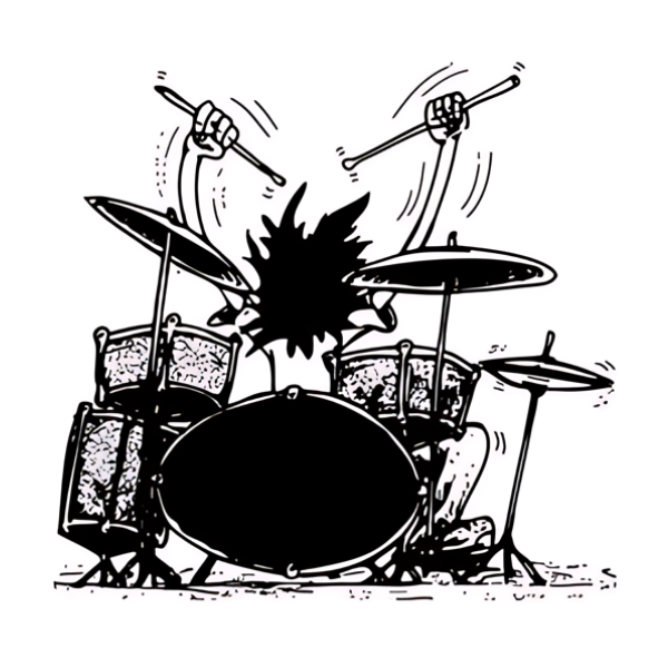 A black and white drawing of a drum set, perfect for drumrolls and Dub enthusiasts.