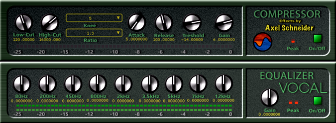 The compressor and equalizer for vocals are shown on a computer screen.
