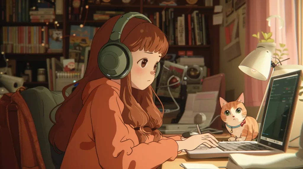 woman on computer with cat in anime style