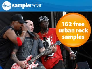 A group of urban rock musicians on stage, showcasing a sampler with 152 free samples.
