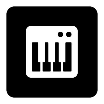 An icon of a DEMO piano keyboard on a black background.