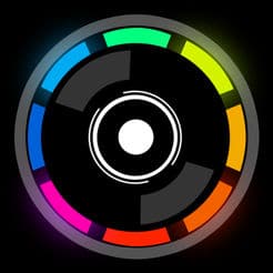 A colorful drum pad machine on a black background.