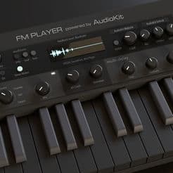 Classic DX Synths FM player by Audacity, featuring a detailed 3D model.