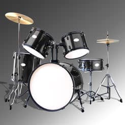 Simulator of a black drum kit on a gray background.