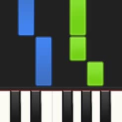A Synthesia keyboard with blue, green, and yellow squares.