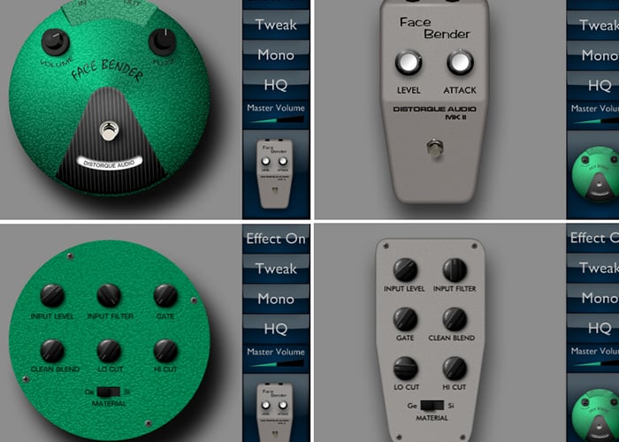 Four different types of guitar pedals, including the Face Bender, are shown.