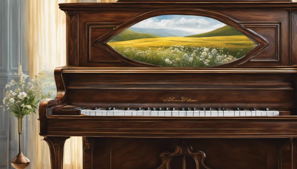 A piano in a room with a painting of a field, creating a serene atmosphere.