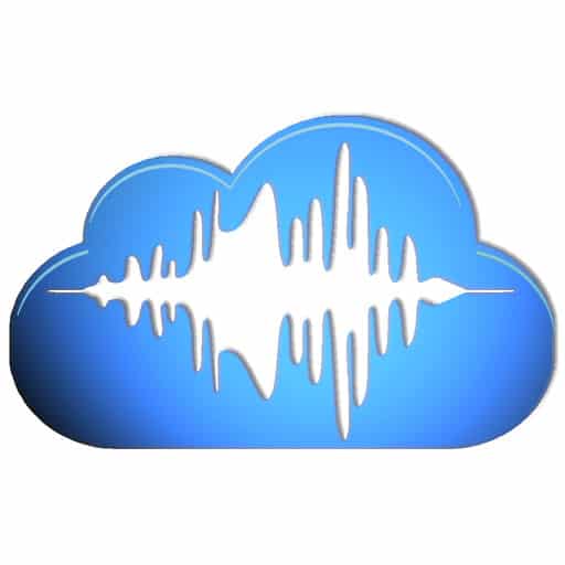 A blue sound wave with a cloud in the background, resembling a scene inside a multitrack recording studio.