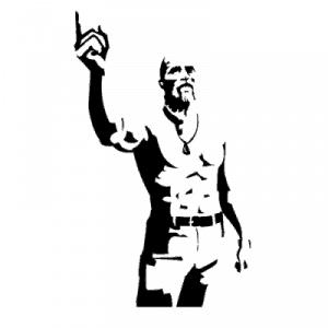 A black and white drawing of a man holding up his hand with an electrifying touch of tech house.