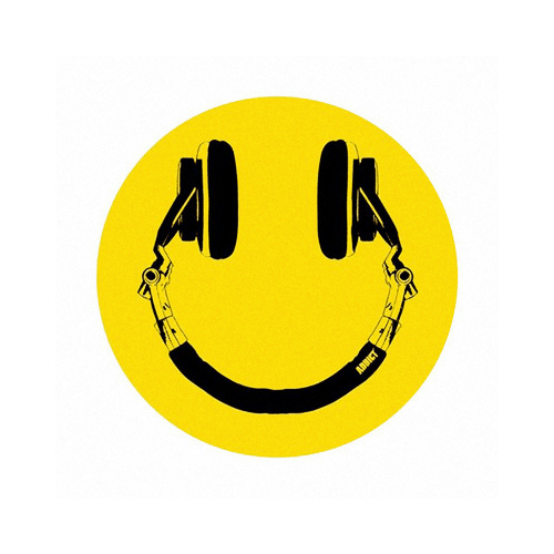 An oldskool yellow circle with hardcore headphones