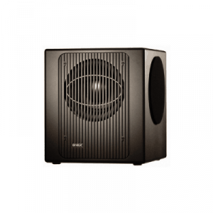 A subwoofer on a white background, emphasizing the powerful bass produced.