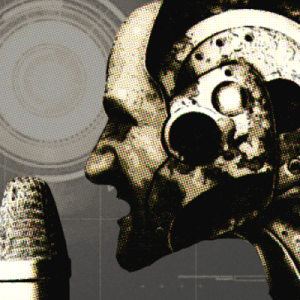 An image of a robot with a microphone vocoding spoken words and phrases.
