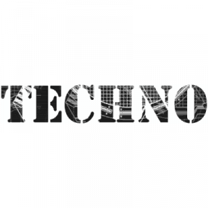 A black and white image of the word Techno, surrounded by synths.