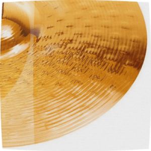 A golden crash cymbal on a white background.