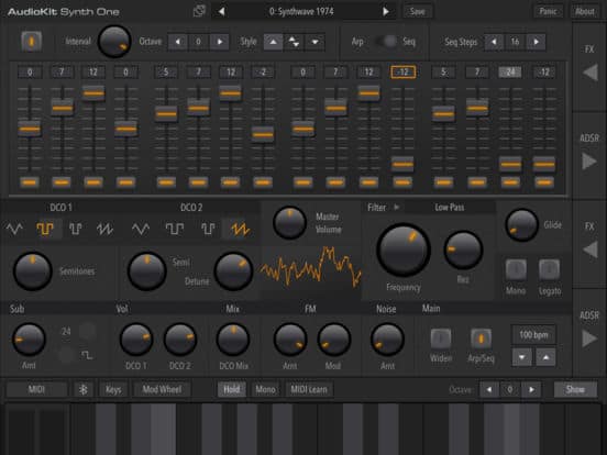 A screen shot of the Synth One audio synthesizer.