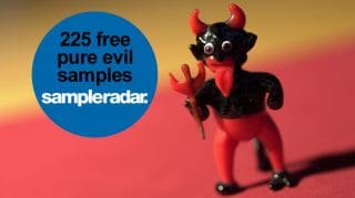 A toy devil with the words 25 free pure evil samples.