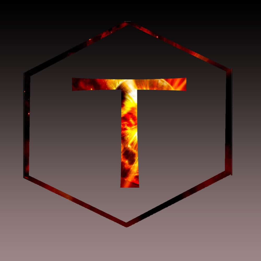 The letter t engulfed in flames on a black background.