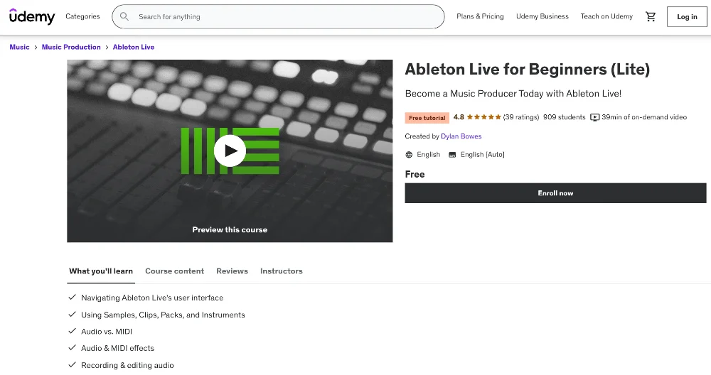 udemy webpage for ableton live for beginners course