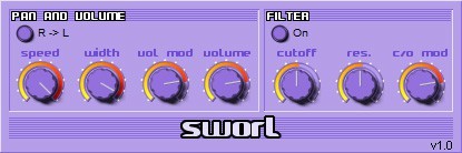 A picture of a purple synthesizer with the words Sworl and volume.