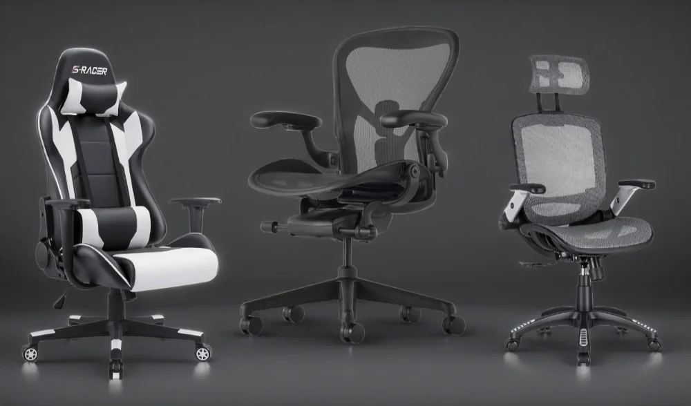 Four different types of office chairs on a black background featuring 2023.