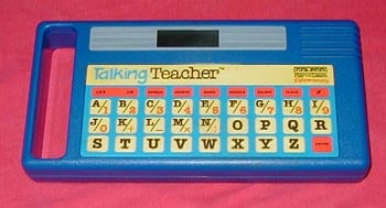 A blue talking teacher on a pink background, also known as Bent Coleco.