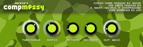 A green camouflage background with buttons on it. The design is busy and messy.