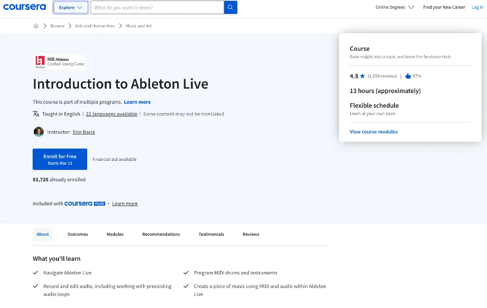 webpage of Introduction to Ableton Live [Coursera]