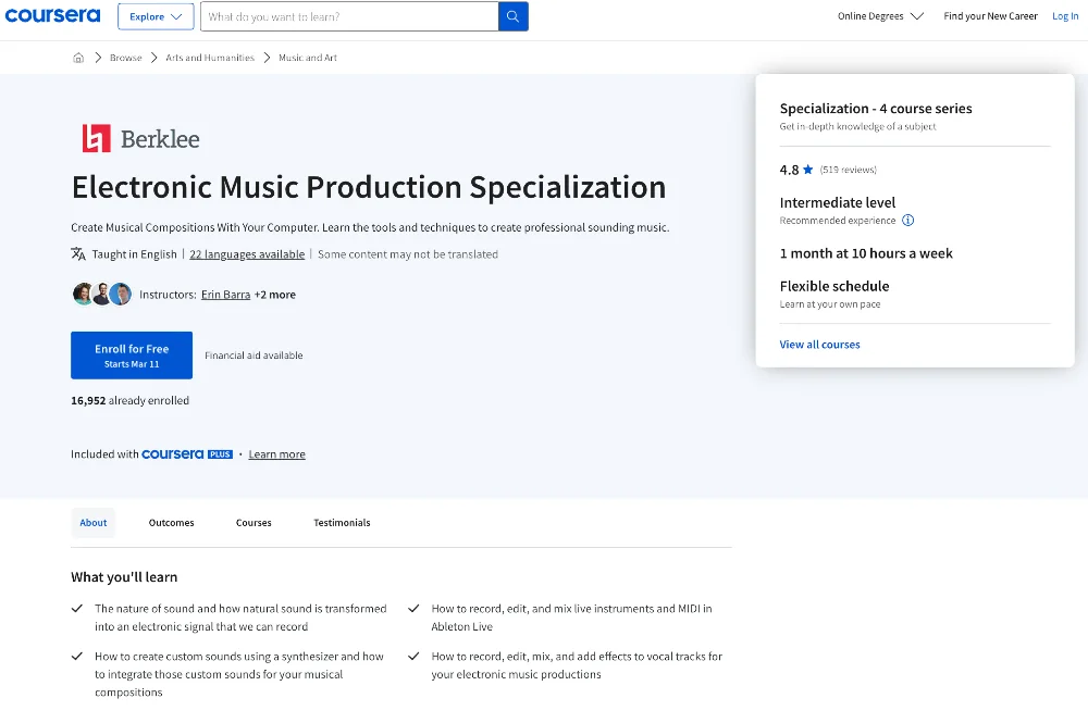 webpage of Electronic Music Production [Berklee, Coursera]