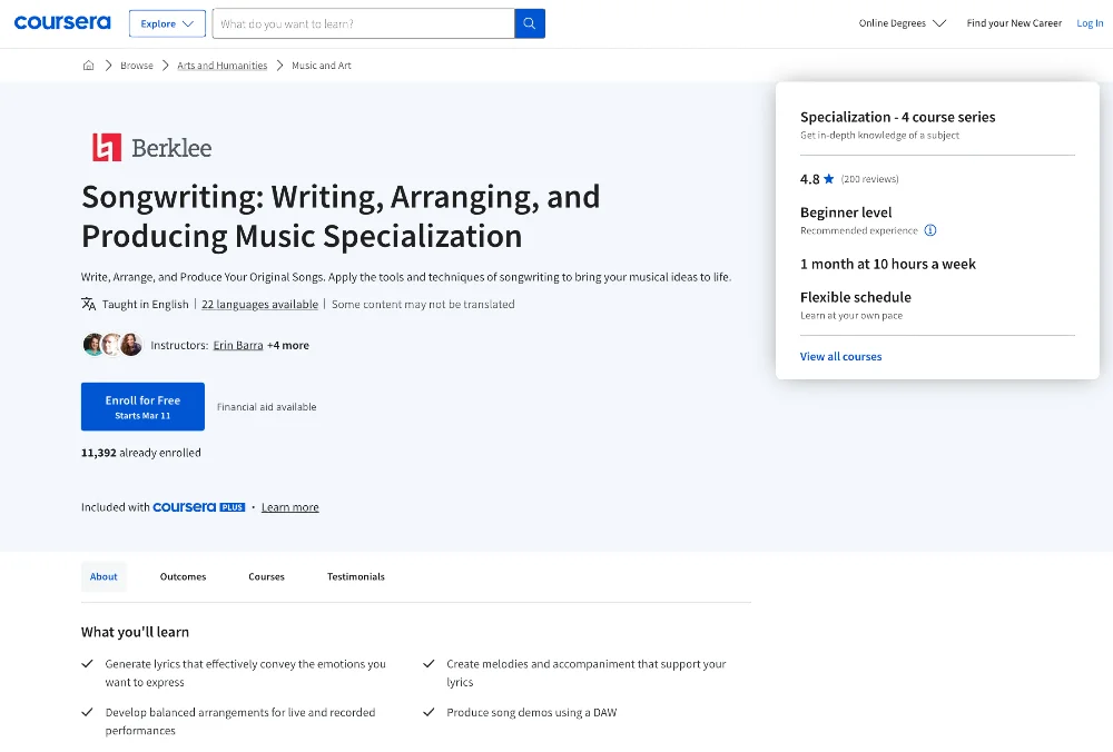 webpage of Songwriting: Writing, Arranging, and Producing Music [Berklee, Coursera]