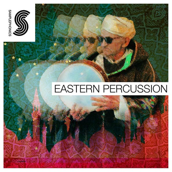 The cover of eastern percussion featuring an image of a man holding a drum.