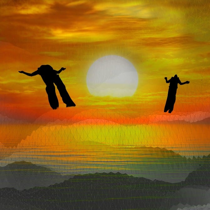 Two people jumping in the air at sunset, embodying the freedom and energy of Future Tropics.