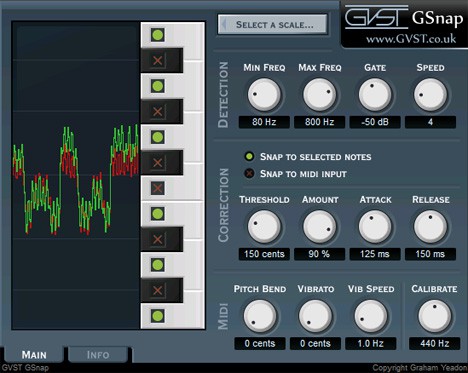 A screen shot of the GSnap VST plugin for vocal pitch correction in the gsp sound editor.