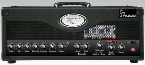 A black guitar amplifier on a white background with a Guitar Amp Sim.