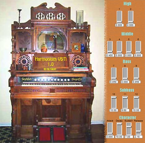 A picture of an old harmonium with different types of keys.