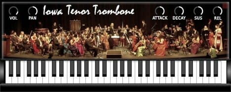 Lewis Iowa - screenshot thumbnail featuring two trombones.