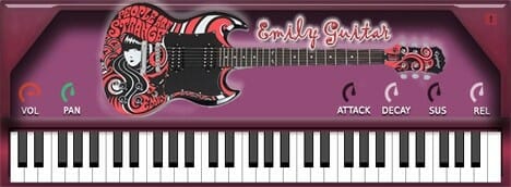 A cute image of a guitar with a keyboard on it.