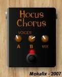 A guitar pedal with the words Hocus Chorus on it.