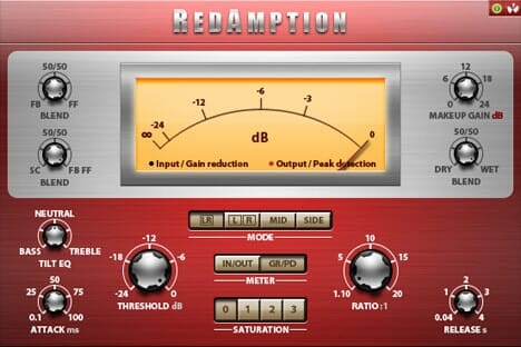 A RedAmption interface with a red knob and a white knob.