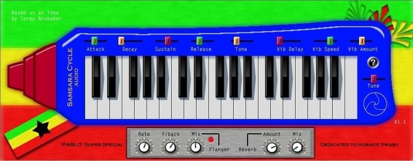 A colorful musical keyboard with a red, yellow and green SMP1 background.